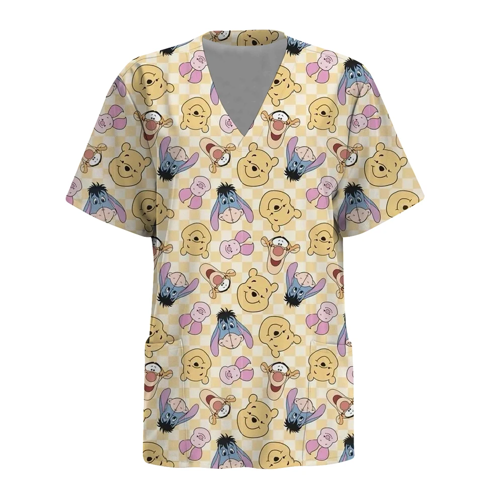 Surgical Uniforms Disney Winnie the Pooh print Pocket Design Surgical Costume Woman V-Neck Short Sleeve Nurse Medical Uniform