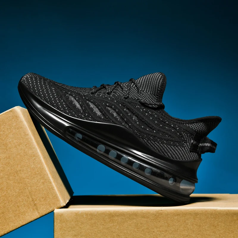 أحذية رياضية وترفيهية، أحذية رجالية، أحذية ماراثون كبيرة الحجم مبطنة بالهواء، مطاط منسوج لجميع المواسم، مقاومة للاهتراء، مضادة