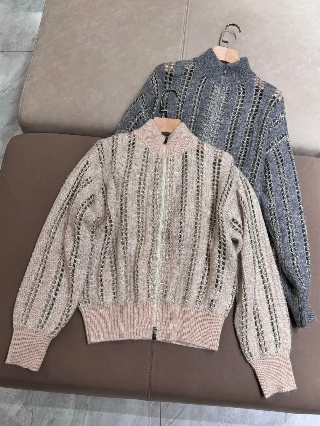 Autumn Winter B*C Women's Sparkling Sequin Cardigan Hollow Zip Wool Mohair Long Sleeve Sweater Casual Knitted Top