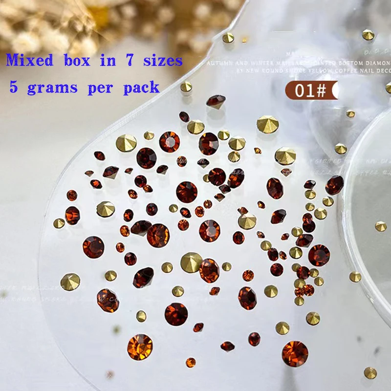 1Box Winter Maillard Mix Size Pile Drill Tip Bottom Small Round Bottom Rhinestone 3D Nail Charm DIY Decoration Accessories