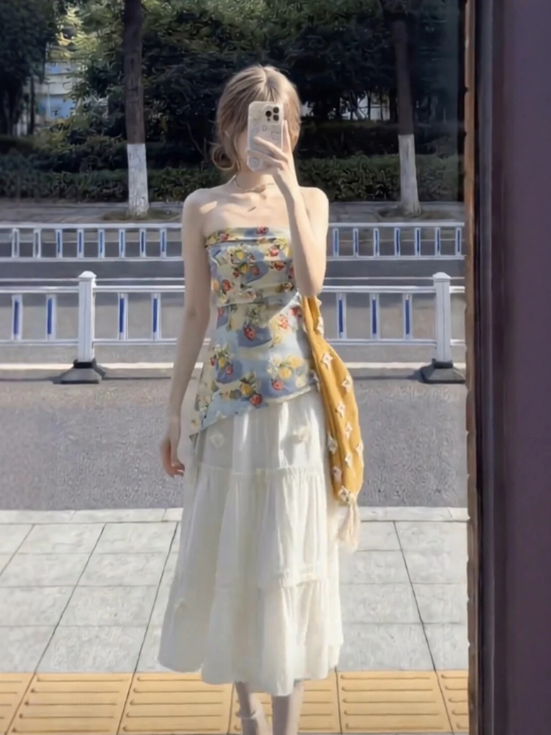 

Retro Gentle Style Half Skirt Asymmetrical Top Bottoms Set Summer Comfortable Cotton Casual Outfit Floral Print High Waist