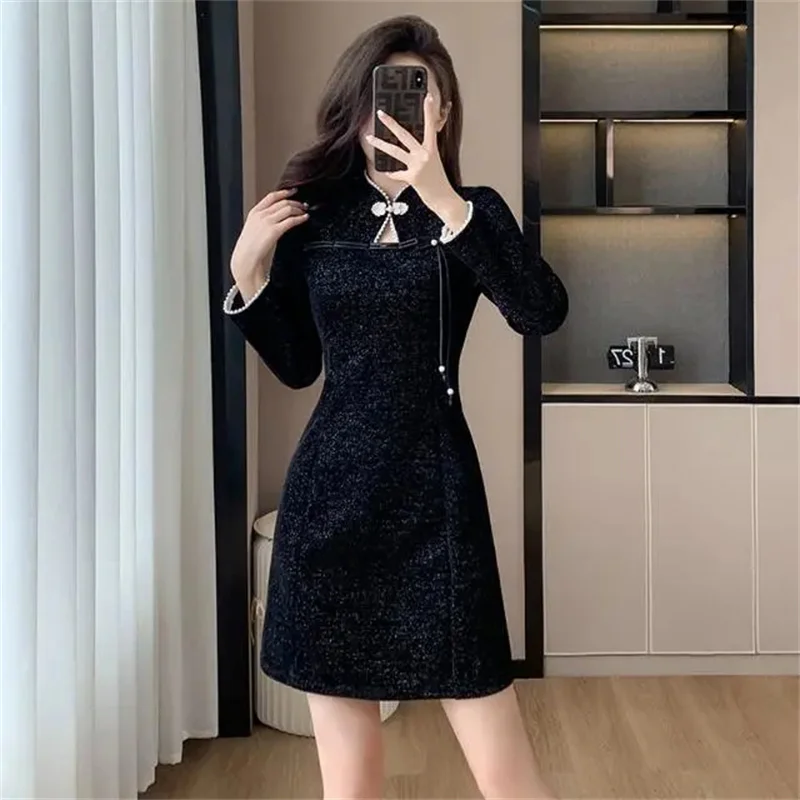 Autumn Winter Mid-Long Dress 2025 New Coil Buckle Stand-Up Collar Women's Clothes Blouse Solid Color Fashion Female A Word Skirt