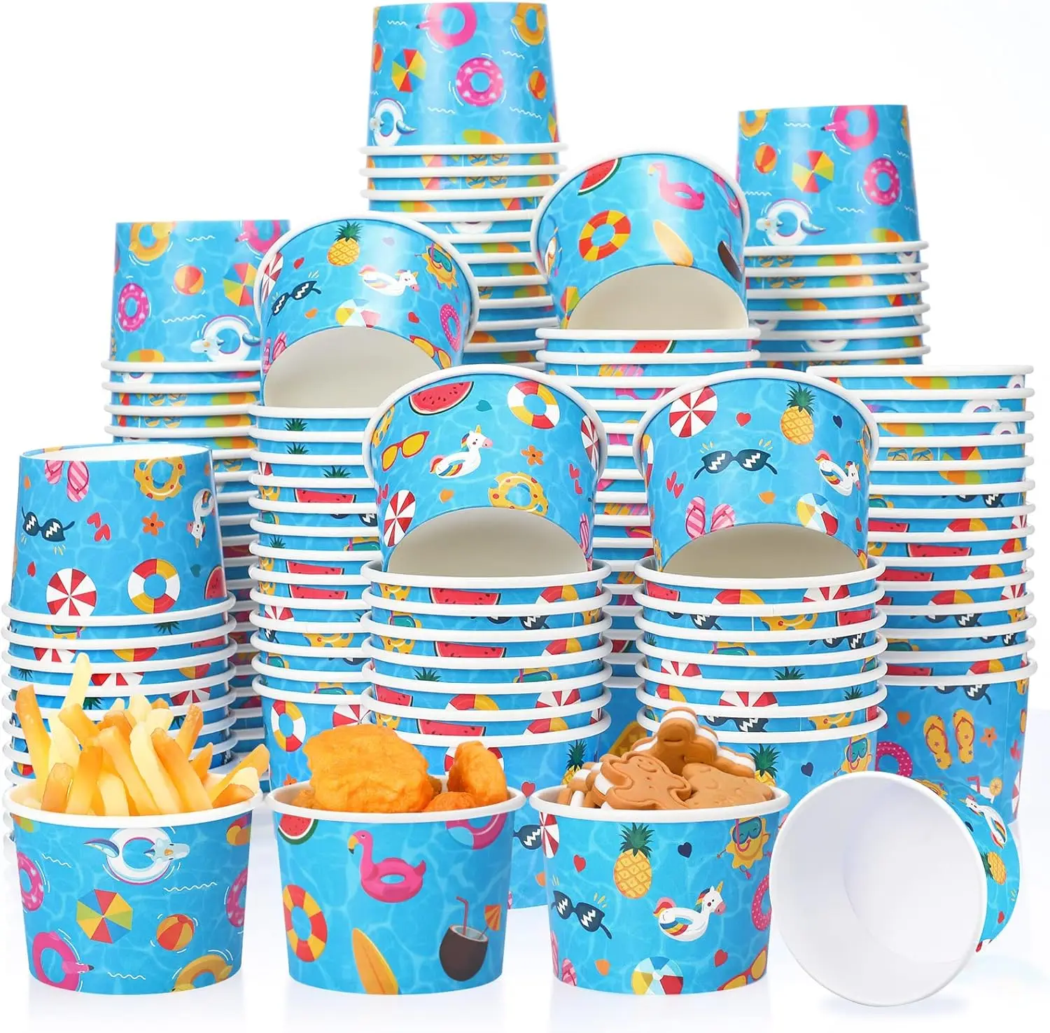 

150 Pack 8oz Ice Cream Cups Paper Bowls for Hot Cold Food, Disposable Pool Party Supplies for Birthday, Summer Beach The