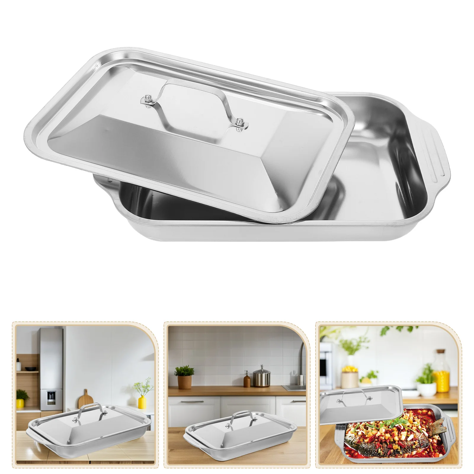 

Stainless Steel Deep Rectangular Tray Fish Baking For Oven Kitchen Home Use Roasting Pan With Lid Grilling Serving Dish