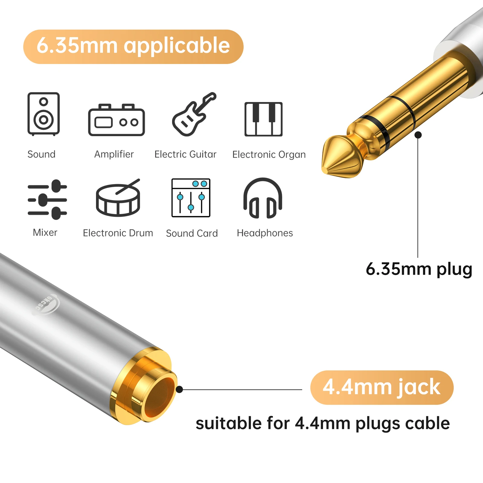 OKCSC DJ64 HiFi Audio Adapter 6.35mm Male to 4.4mm/3.5mm Female for Sound/Amplifier/Mixer/Headphones/ Sound Card/Electric Guitar
