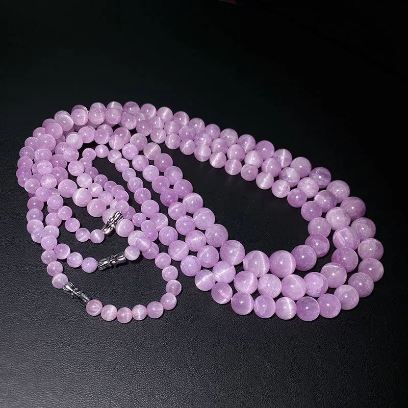 Natural Purple Kunzite Clear Round Beads Necklace 6-13mm Cat Eye Purple Kunzite Bracelet Women Men Chain AAAAA