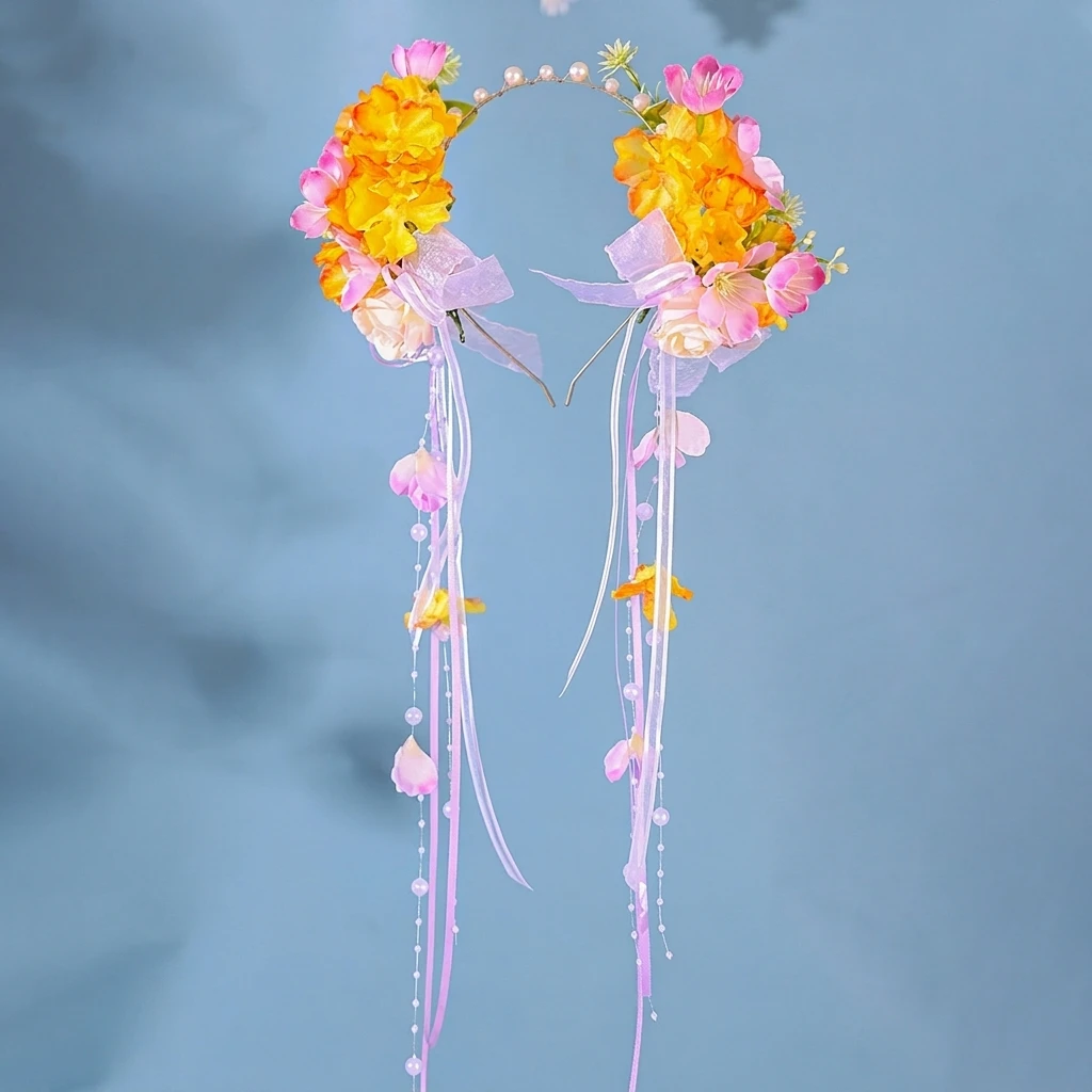 Adjustable Headband Elegant for Hanfu Photography Traditional Silk Flower Hair Accessory with Long Tassels Retro Style