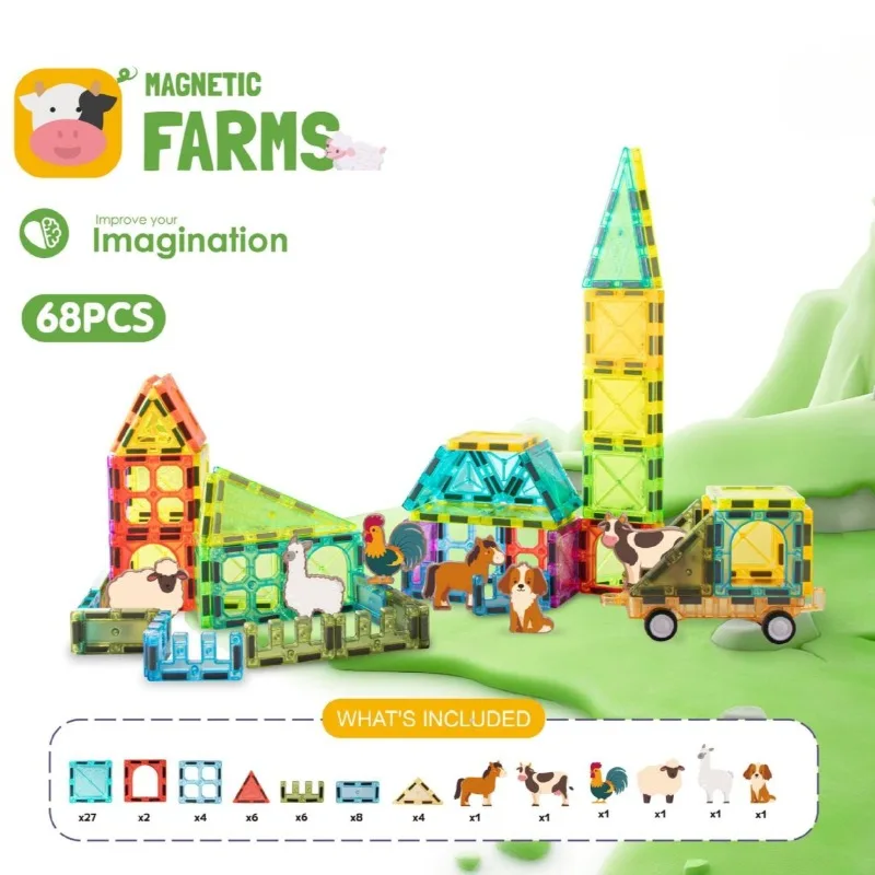 Animal Farm Magnetic Building Blocks Set Magnetic Sheet Construction Building Puzzle Tiles Boys Girls Kids Montessori Toys Gifts