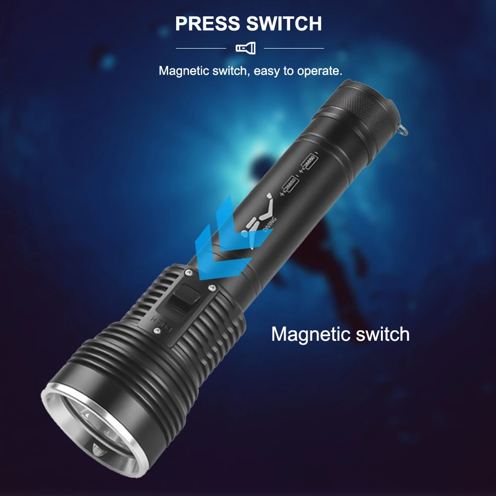 Asafee Waterproof Canister LED Diving Flashlight 3000LM 1000M Range Scuba Lantern 30M Underwater Lamp Magnetic Switch Torch