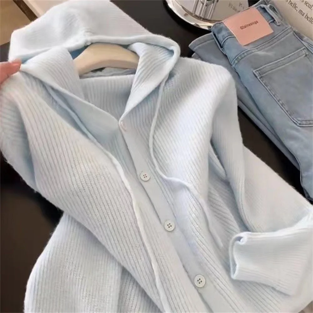 Korean Fashion Knitted Sweater Cardigan Women's Clothing Autumn Winter New Thin Hooded Sweater Clothes Long Sleeve Top