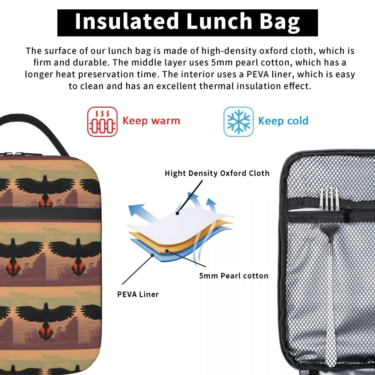 Red-Tailed Black Cockatoo - Australian Bird Insulated Lunch Bag for Women Children Portable Food Boxes Thermal Lunch Box Tote