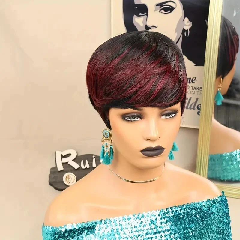 Highlights Burgundy Pixie Cut Short Human Hair Wigs Full Machine Made Glueless Wig for Women