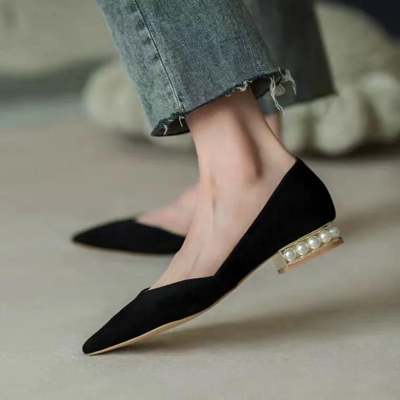 Low Heel Elegant Pointed Toe Pearl Shoes for Woman 2024 Formal Women\'s Summer Footwear White on Offer Slip Promotion Comfortable