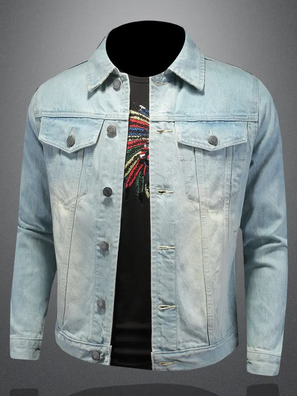 

Light Wa Slim Fit Men's Denim Jaet Spring Autumn Trendy Korean Sle Casual Coat Button Closure Long Sve No Hat