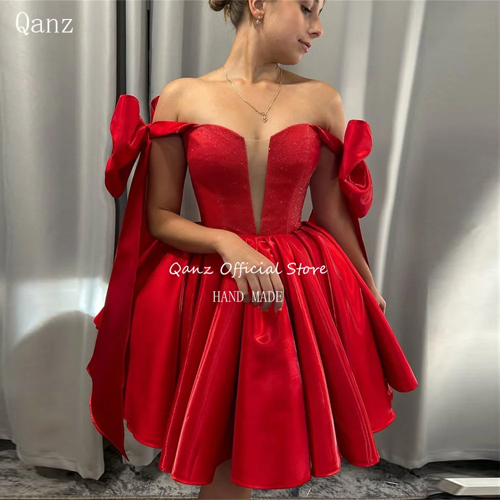 Qanz Shiny Glitter Short Porm Dress Red Satin Bow Straps Vestidos De Fiesta Mini A Line Graduation Outfit Women Dress Customized