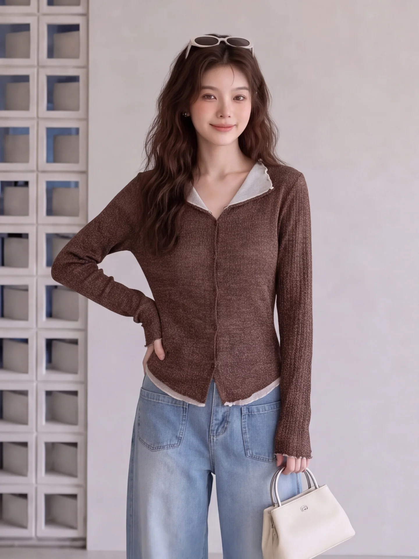 Retro Fake Two-Piece Long Sleeve T-Shirt Women's Sweet Elegant Outerwear Design Sense Top Wooden  Flip Collar