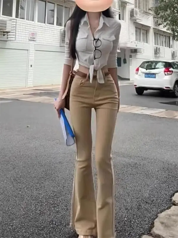 

Облегающие джинсы-колокольчики цвета хаки с высокой талией, женские весенние утягивающие узкие брюки-копыта, брюки длиной до пола