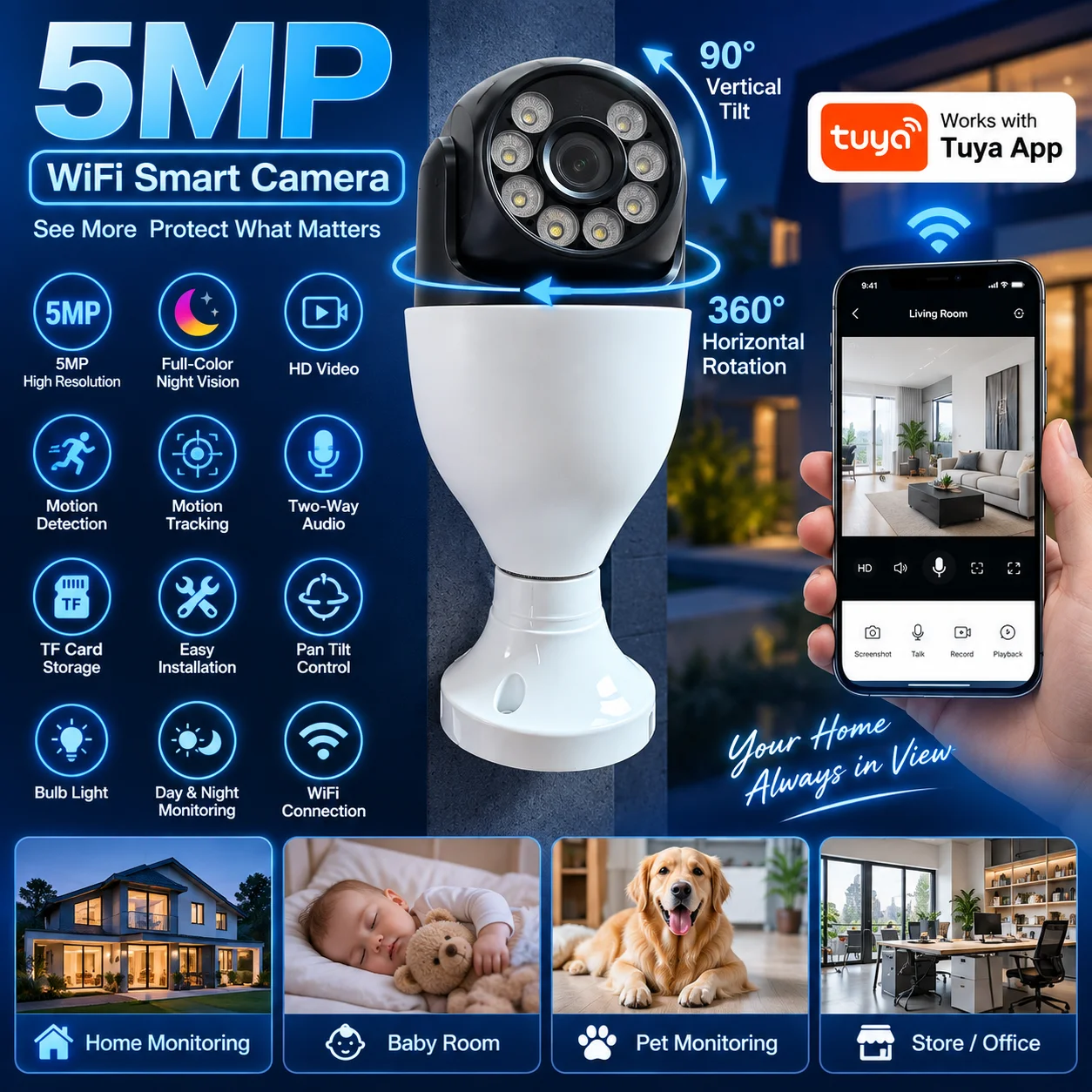 5MP E27 Tuya Light Bulb PTZ Security Camera 5GHz WiFi Outdoor Color Night Vision CCTV Smart Home Surveillance