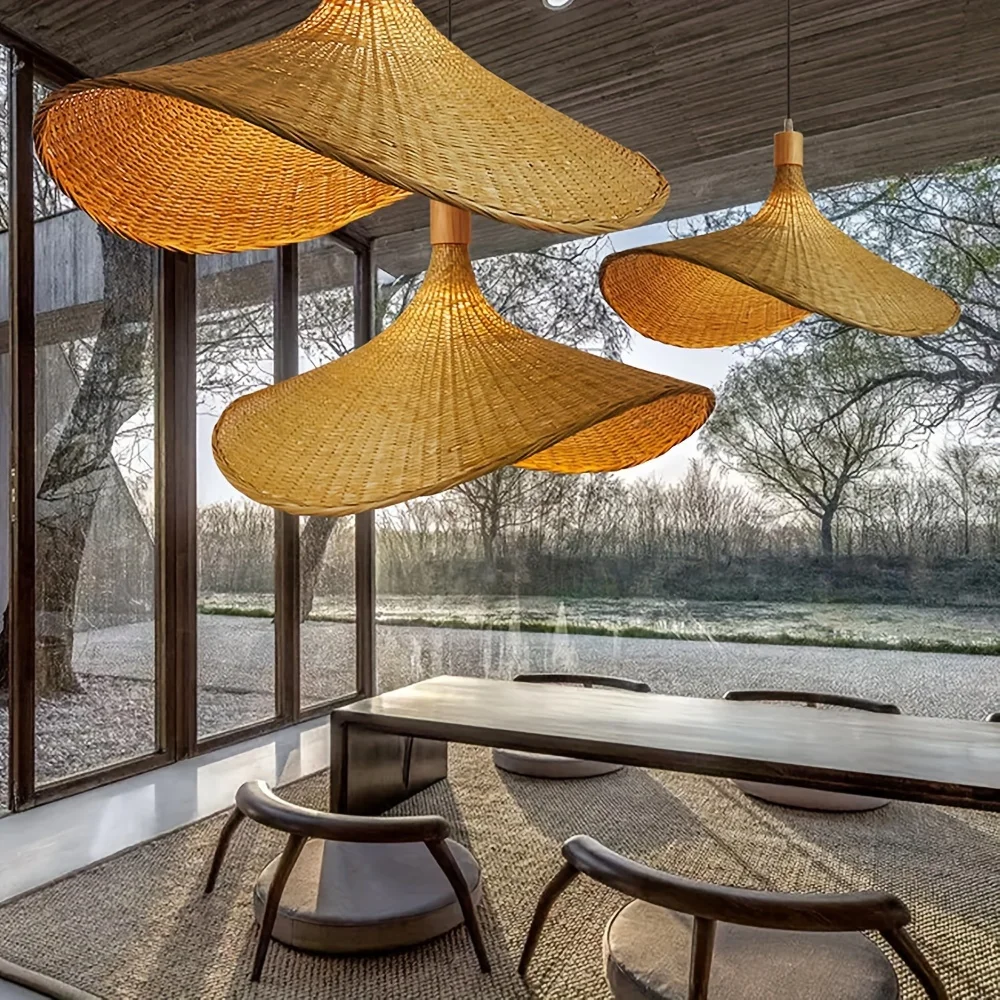

Handwoven Cowboy Hat Design Bamboo Art E27 Pendant Chandeliers Suitable for Restaurant Living Room Bedroom Kitchen Tea Room Inn