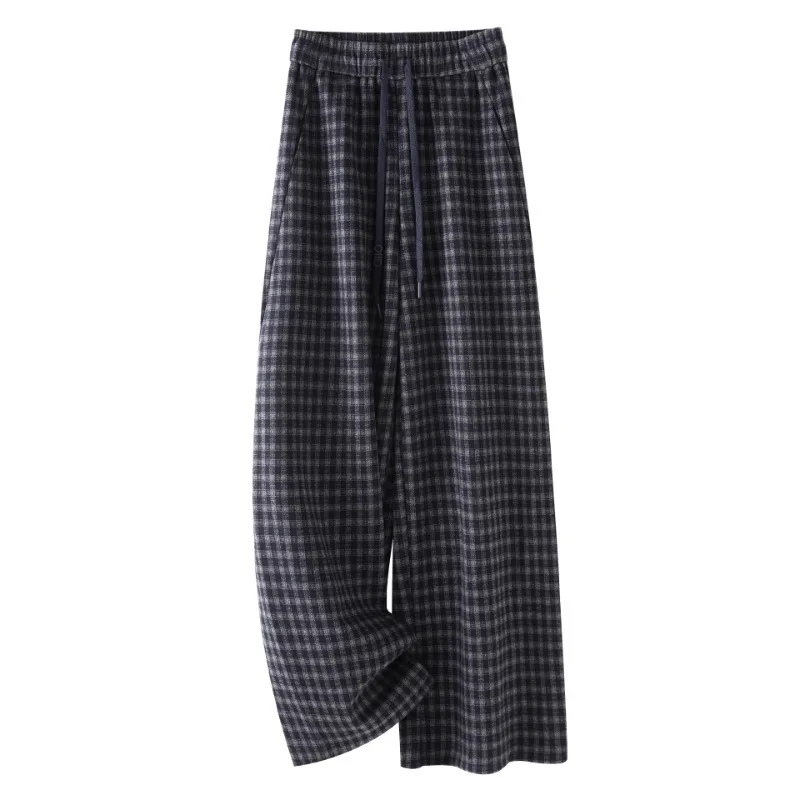 

Blue Gray Plaid Pants for Women, and Winter, Elegant Draped Straight-Leg Pants, Slim Fit Casual Sports Sweatpant
