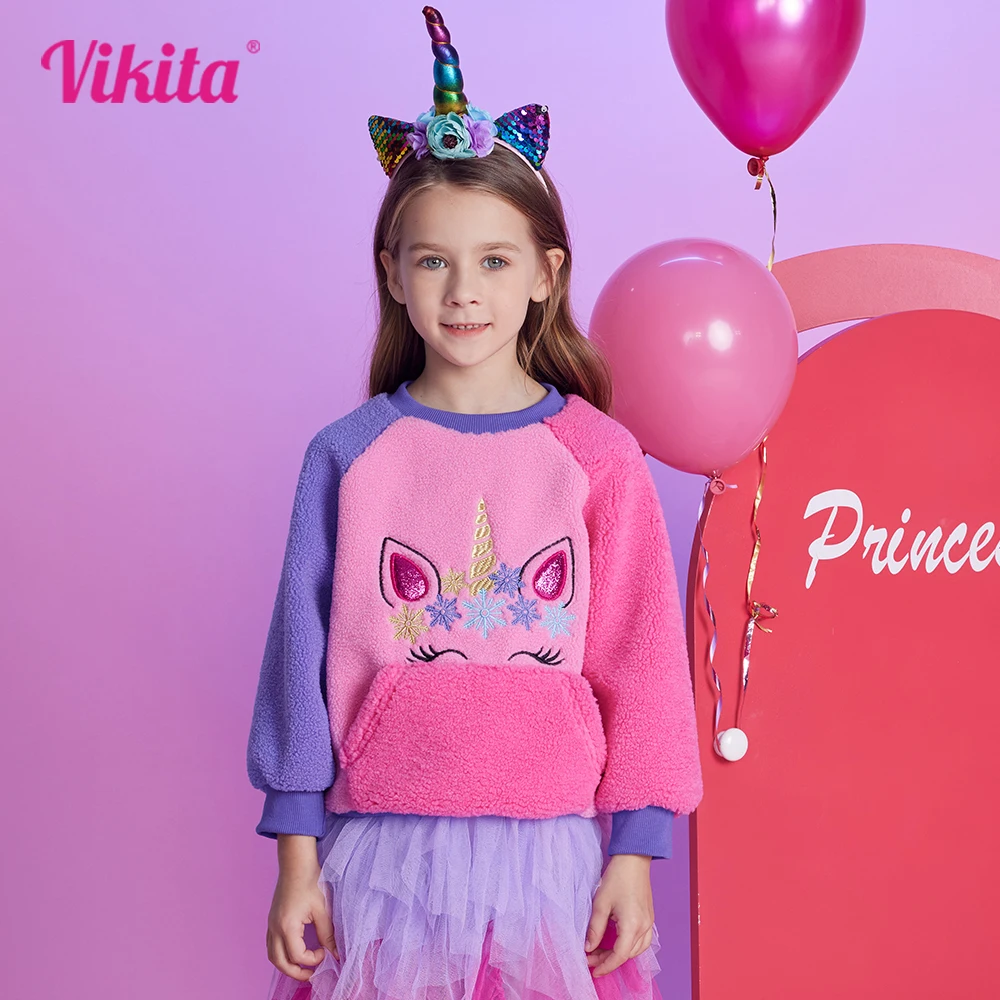 

VIKITA Girls Thick Fleece Sweatshirt Kids Autumn Winter Clothes Girls Unicorn Appliqued Casual Sports Pullover Sweatshirts 3-12Y