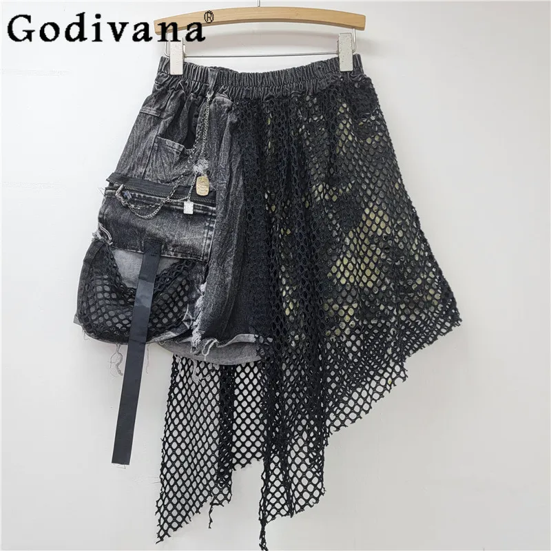 

2025 Fashion Cool Chic Loose Fashion Women Spring New Denim Skirt Street Irregular Loose Gauze Splicing Black High Waist Skirts
