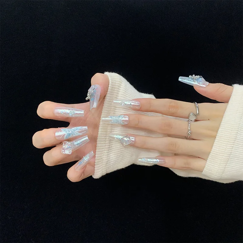10 Stück lange t falsche Nägel handgemachte 3d Schmetterling drücken auf Nagel mit Metall Design weiß blau tragbare Maniküre für DIY gefälschten Nagel