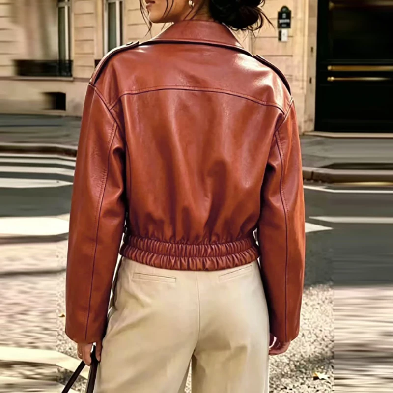 Autumn Faux Leather Moto Jacket Women Crop Tops Zipper Fly Lapel Motorcycle Jacket Windproof High Street Biker Jacket Cardigans