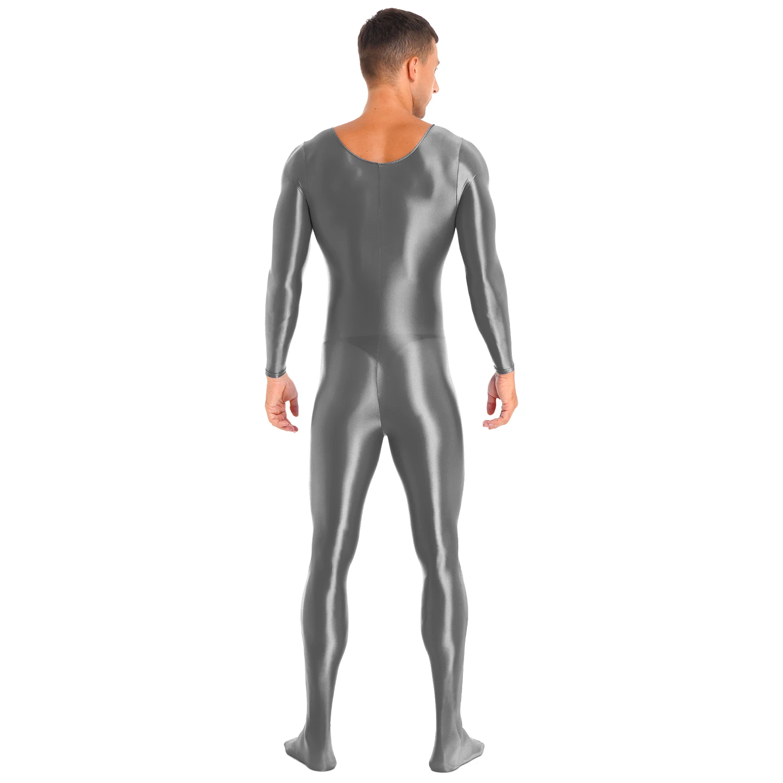 Men Glossy Smooth Bodystocking Oil Shiny Long Sleeve One-Piece Bodysuit Jumpsuit Gym Fitness Full Body Leotard Swimwear Swimsuit