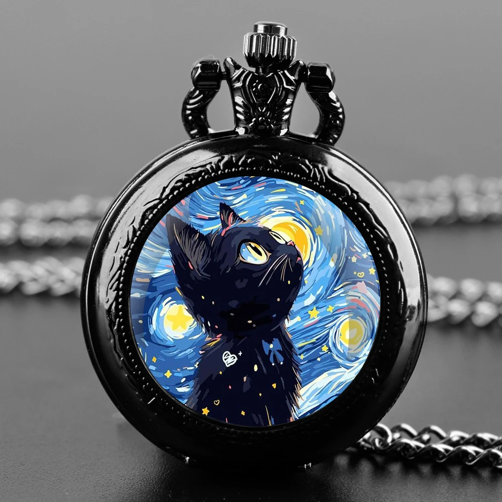 Hand-painted Cat Design Glass Dome Quartz Pocket Watch With Durable Chain Arabic Numeral Dial Extraordinary Gifts for Kids