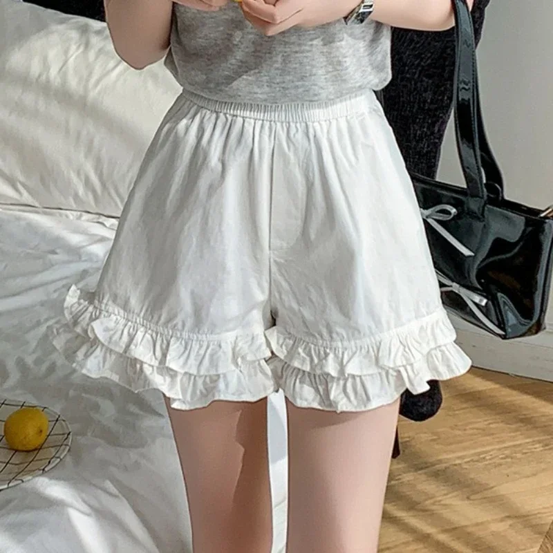  High Waist White Cotton Women's Ruffles Shorts 2025 New Summer Solid Casual Loose Wide Leg Short Pants Female