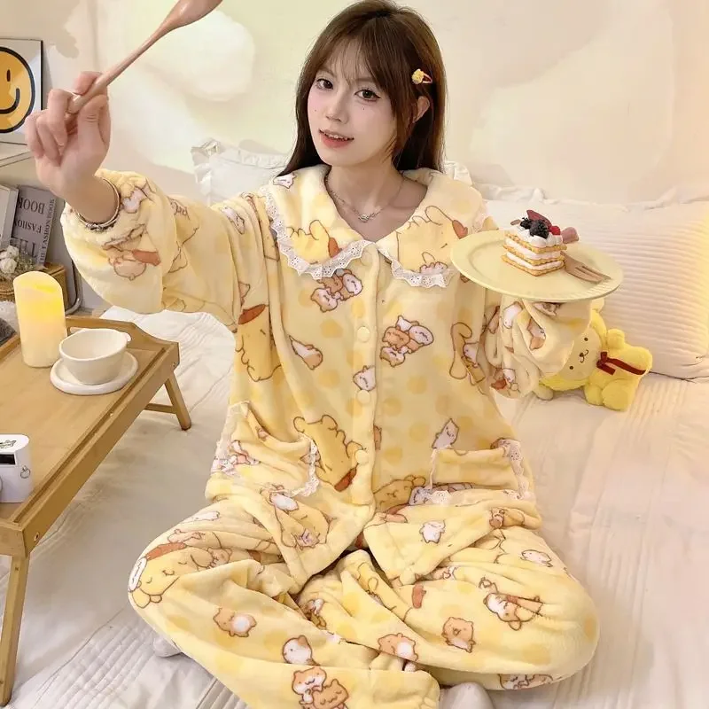 جديد لطيف سانريو بوم بوم بورين يمكن الخروج منامة Kawaii دمية طوق السيدات Homewear الشتاء سميكة الدافئة طويلة الأكمام فستان أطفال مع سروال داخلي