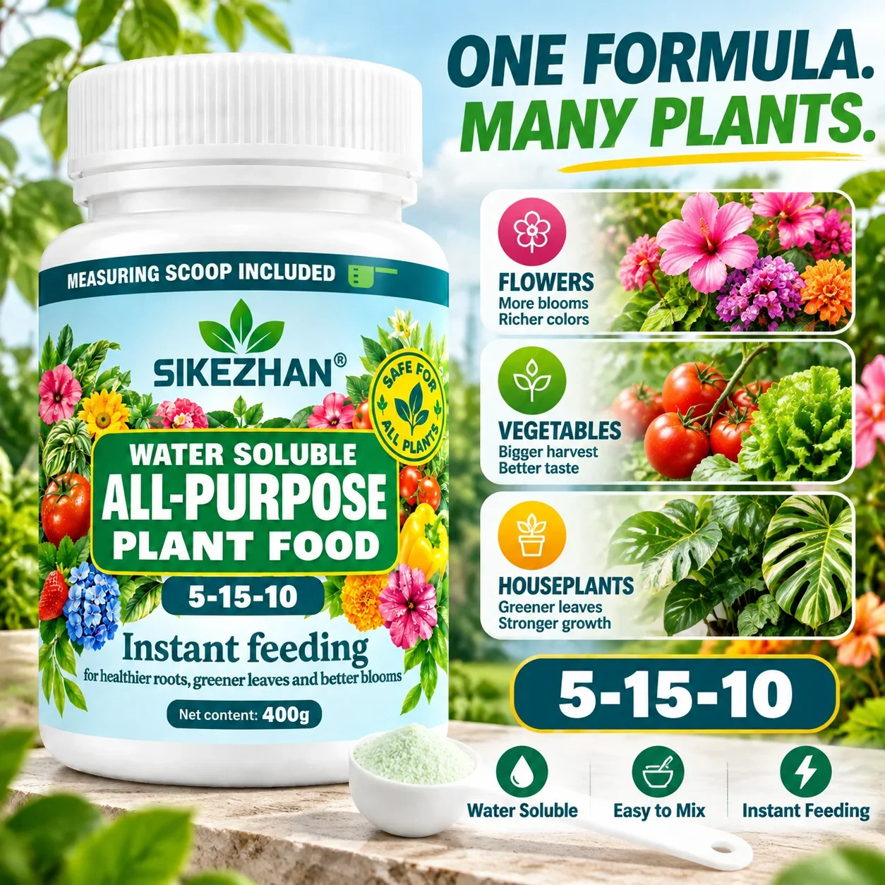 SIKEZHAN Water Soluble All Purpose Plant Food 400g 5-15-10 Fertilizer Instant Feeding for Strong Roots Greener Leaves with Scoop