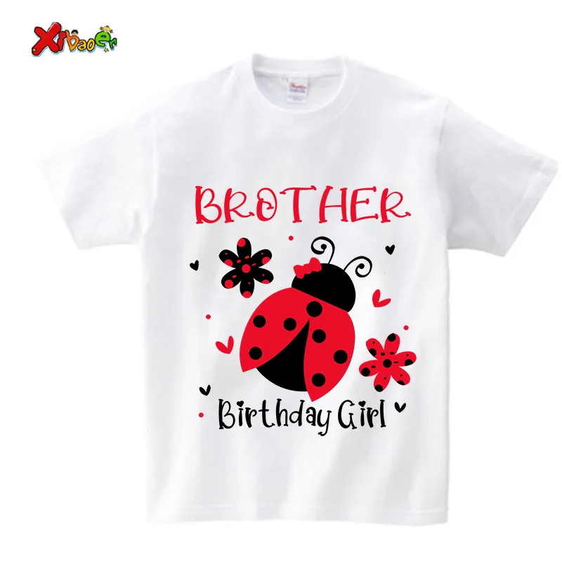 Camiseta de cumpleaños para niña, camiseta con estampado de mariquita, trajes a juego para la familia, camiseta para niños, camiseta para niña, pegatinas para niños