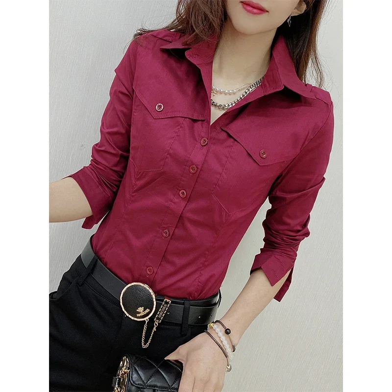 2024 New Fall Winter European Clothes Shirts Office Lady Pockets Blouses Fashion Sexy Button Up Women\'s Long Sleeve Tops V1695