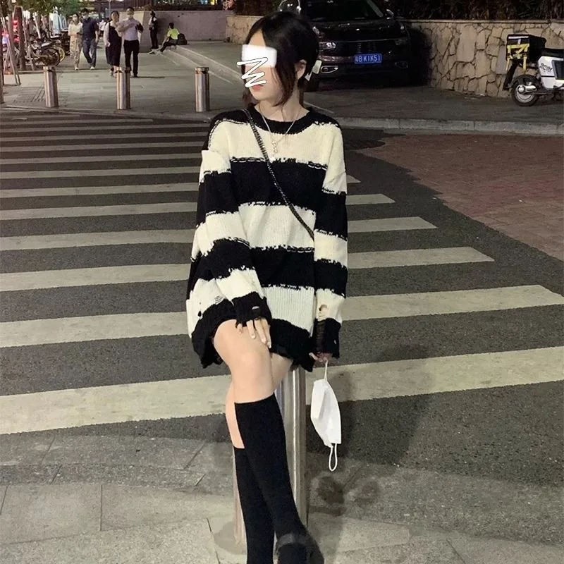 Hollow Striped Gothic Sweater Women Knit Pullover Black White Loose Jumper Pull Female Long Sleeve O-Neck Korean Fashion Autumn