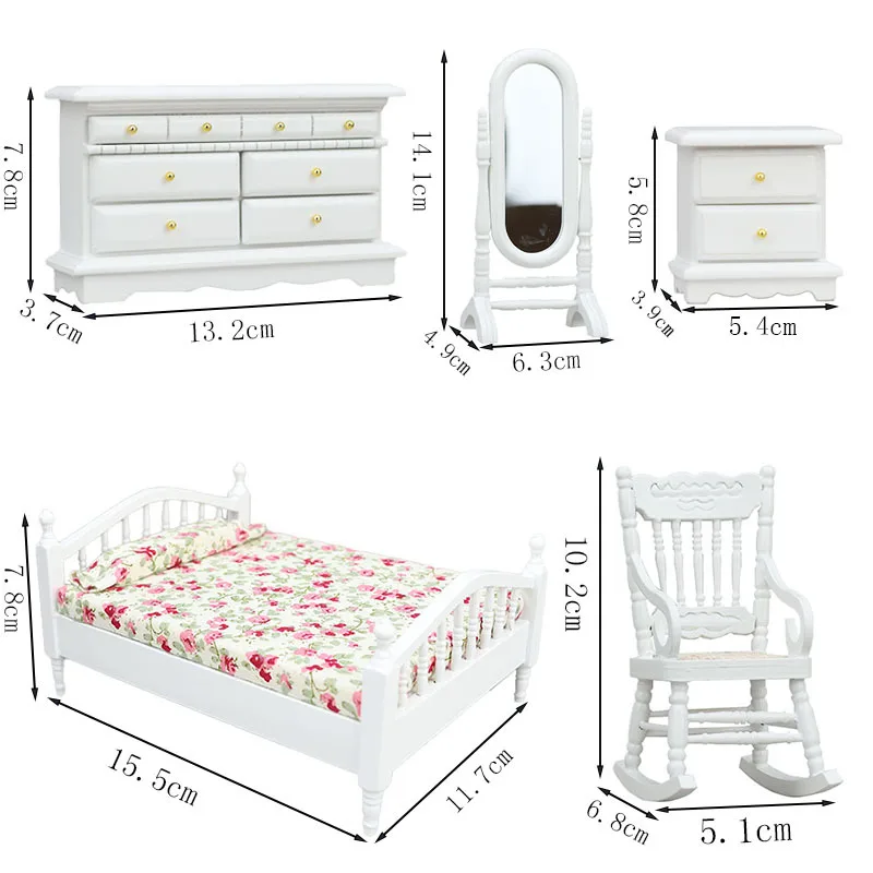 Juego de dormitorio para casa de muñecas en miniatura 1:12, cama pequeña Floral Ob11, silla con espejo, gabinete, accesorios para casa de muñecas hechos a mano exquisitos, Juguetes