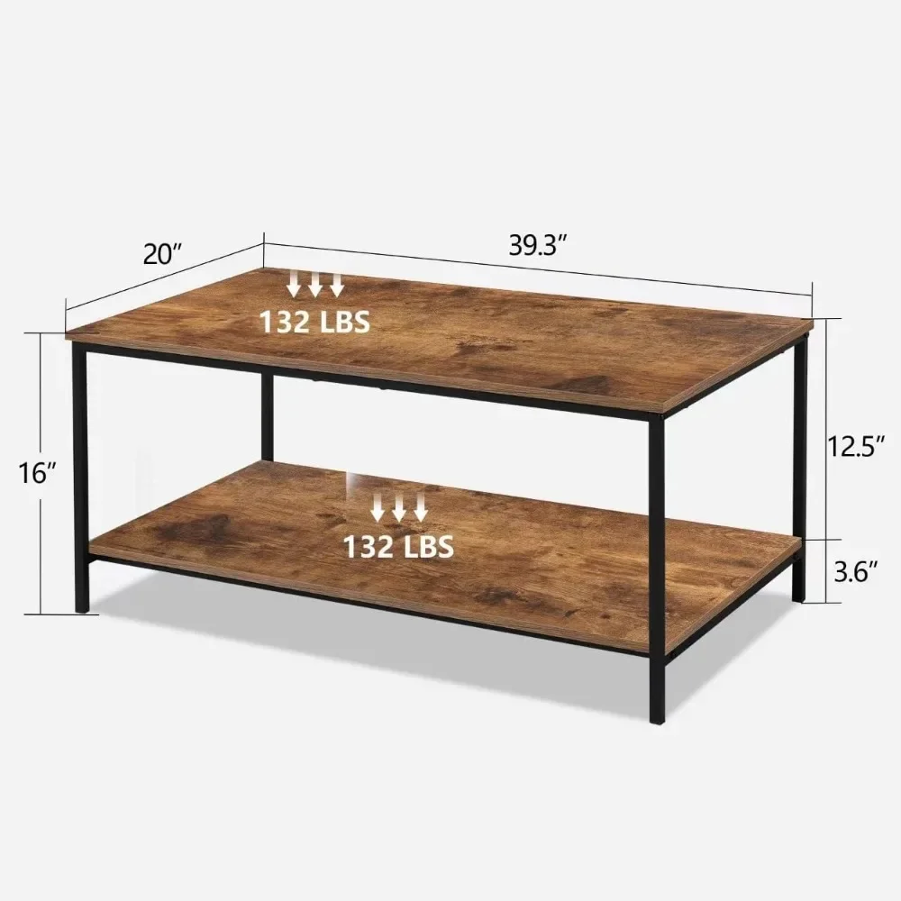 2-Tier Coffee Table with Storage Shelf for Living Spaces, Brown Rectangle Wood and Sturdy Metal Side End Table