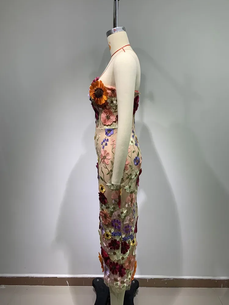 Robe de soirée mi-longue sans bretelles pour femmes, robes de gala, créateur de fleurs, mode de piste, rue haute, mince, luxe, nouveau, 2024