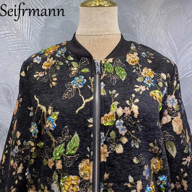 Seifrmann 2026 Summer Women's New Fashionable Stand up Collar Long Sleeve Nail Bead Jacquard Zipper Coat