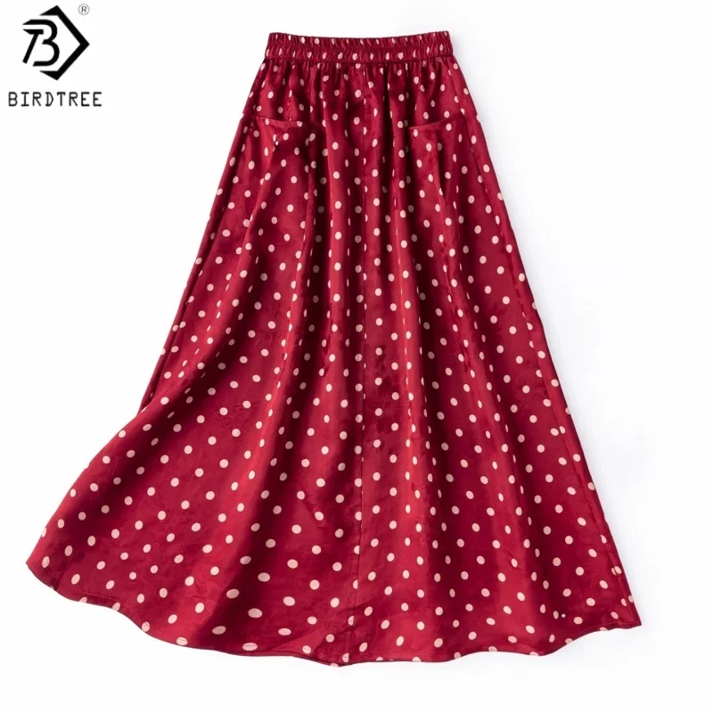 Birdtree, 100% Silk Jacquard Satin Breathable Skirt, Elastic Waist, Women Floral Luo Xiangyunsha Retro Skirts, 2026 New D67308JF