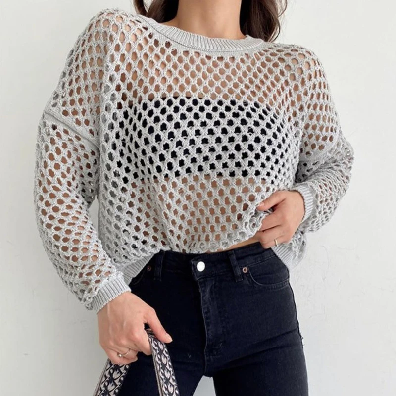 Women Round-Neck Long Sleeve Pullover Knitwear Y2k Multicolor Knitted Crop Top Summer Fishnet Hollow Out Smock Crochet Sweater