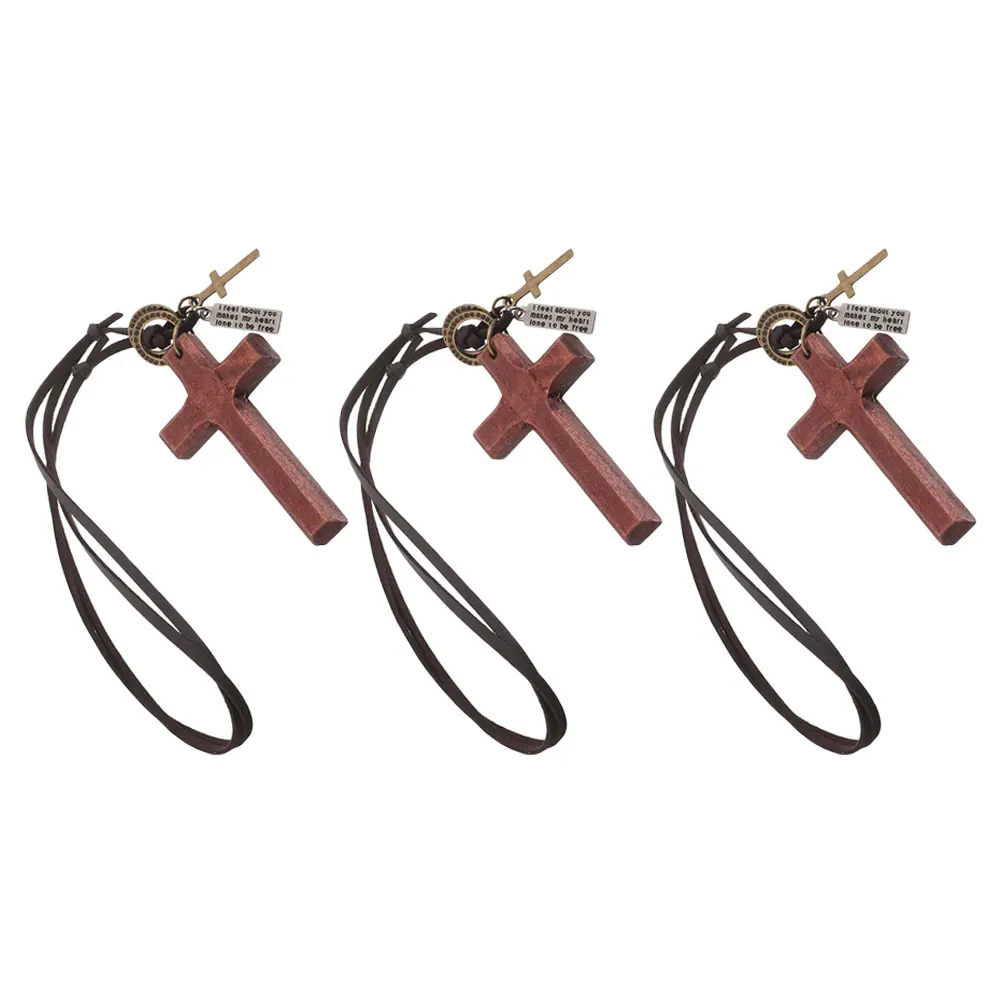 

3Pcs Wooden Cross Vintage Pendant Car Hanging Ornament Rearview Mirror Charm Religious Car Interior Accessories