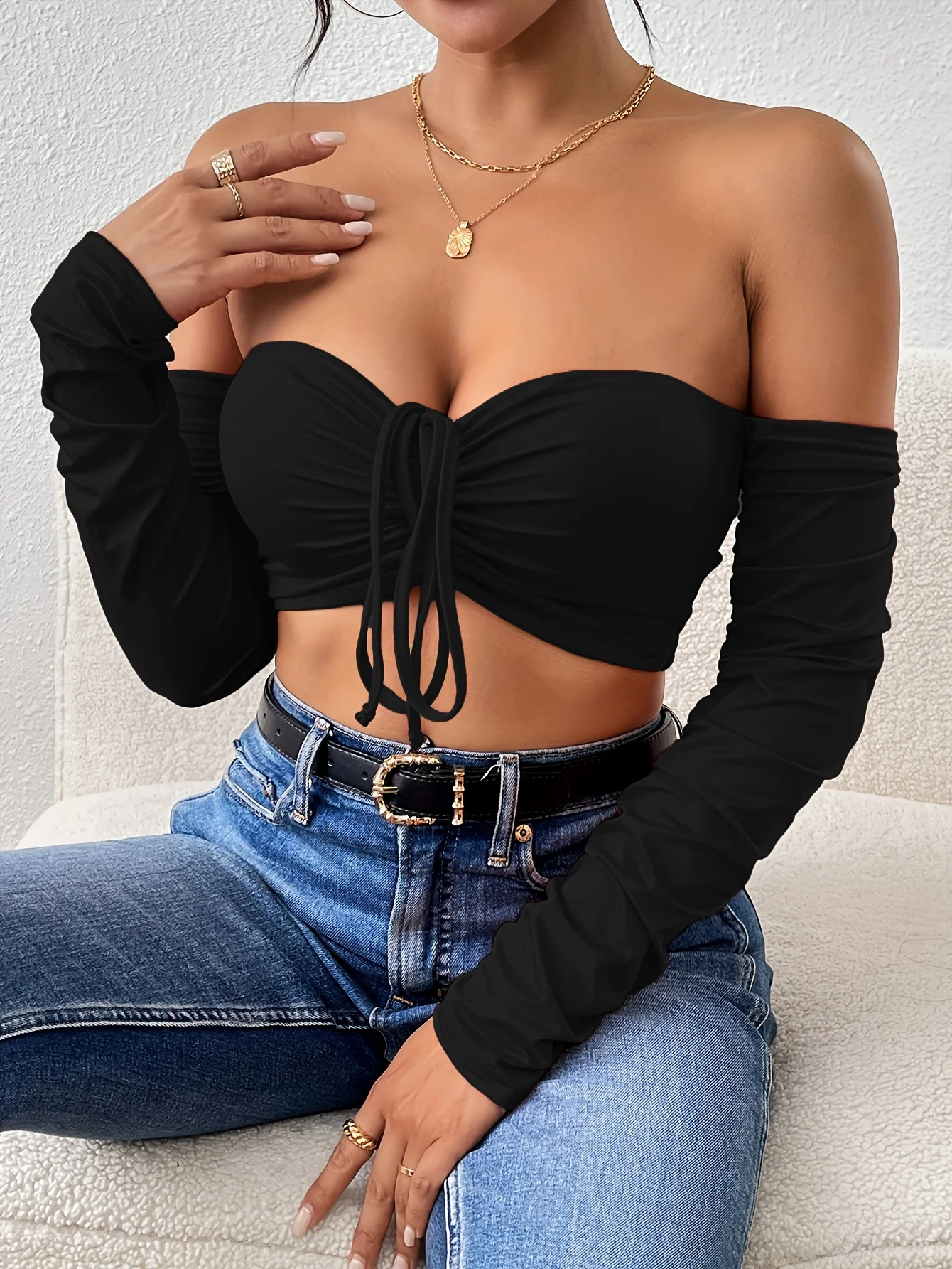 Western Sexy Nightclub Style Bust-Enhancing Waist-Cinching Drawstring Off-Shoulder Long-Sleeve Tank Top