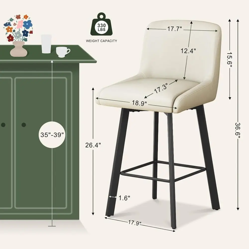 Swivel Bar Stools, 26''H Upholstered Barstools with Backs, Modern Counter Height Bar Stool Chairs for Kitchen Island, Metal Legs