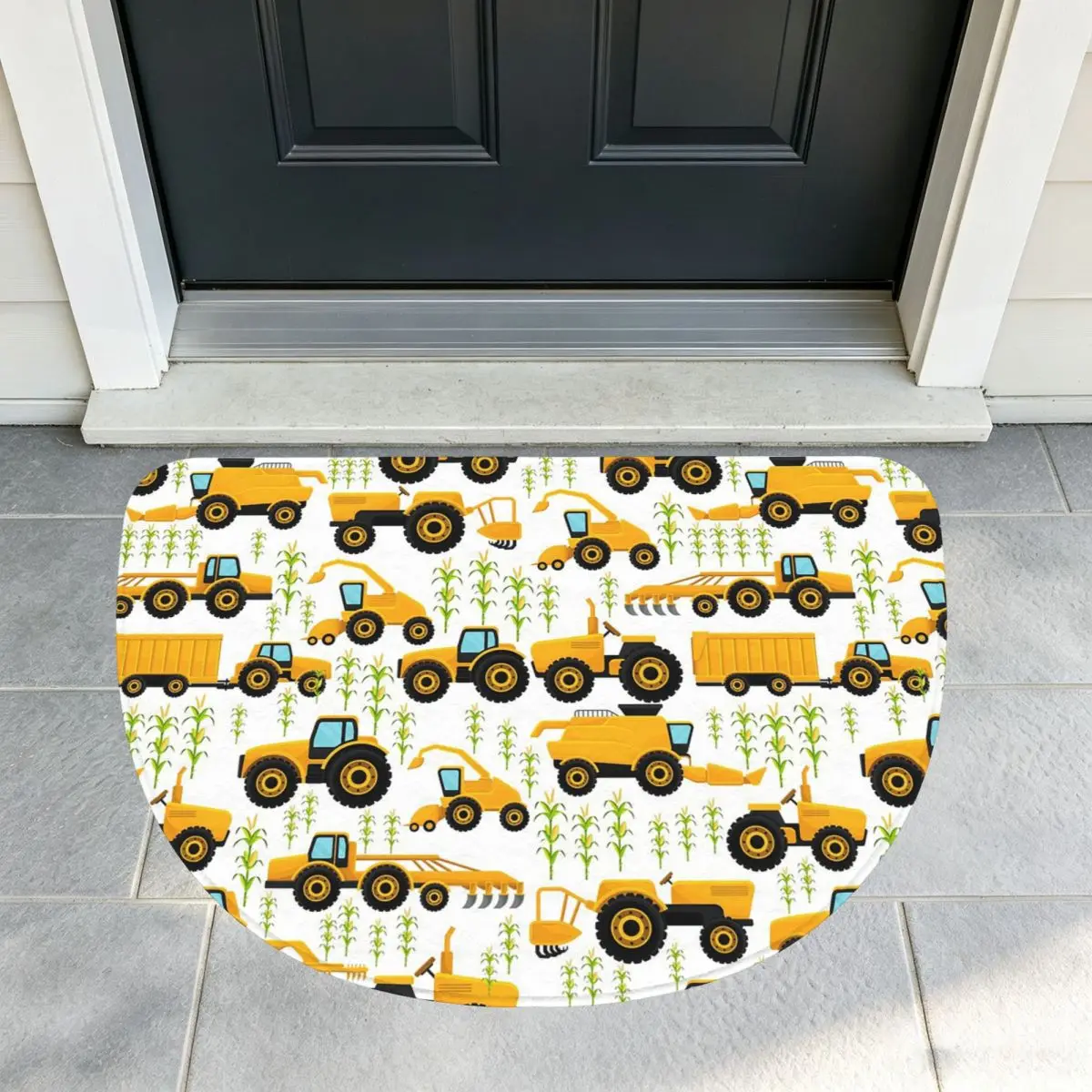 Cartoon Truck Car Tractor Excavator Pattern Flannel Half Round Doormat Non Slip Bathroom Mat Absorbent Floor Carpet for Home