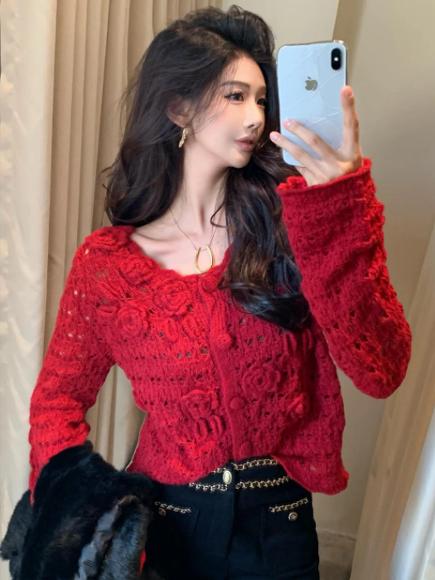 Retro Red Soft Knitted Loose Women's Sweater Hollow out Design Sensation Autumn Winter Open Cardigan Top Polyester Fiber