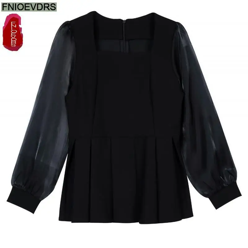 Loose Clothes Women 2024 Autumn Elegant Office Lady Button Shirts Casual Retro Vintage Black Mesh Tunic Peplum Tops Blouses