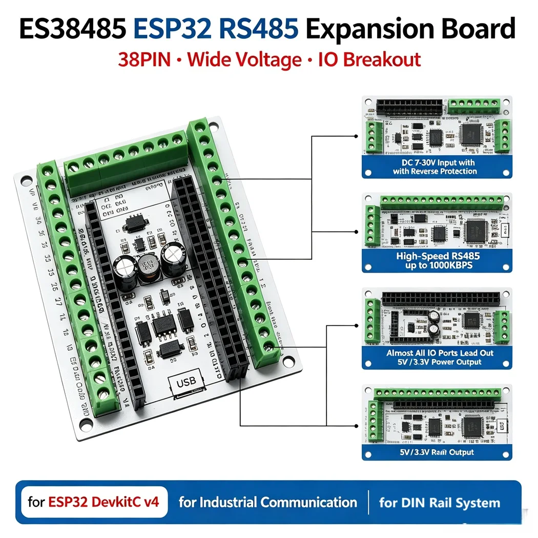 38PIN ESP32 DevkitC V4 RS485 Expansion Board DC7-30V Reverse Surge Protection 5V 0.5A 3.3V 100mA DIN Rail Terminal Block Module