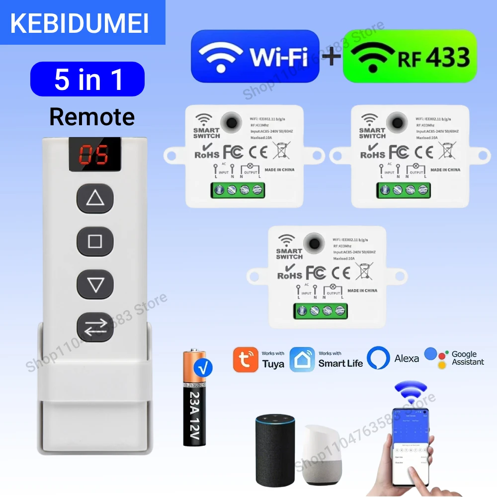 KEBIDUMEI WiFi RF Curtain Smart Switch 433Mhz Tuya Smart life Module for Blinds Awning 5-in-1 Remote Work with Alexa Google Home